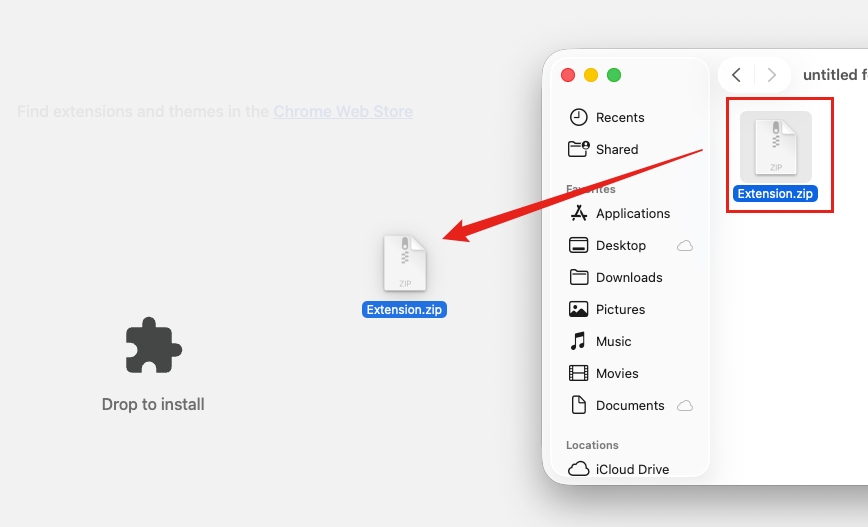 Arrastra el paquete de extensión a la página para instalar